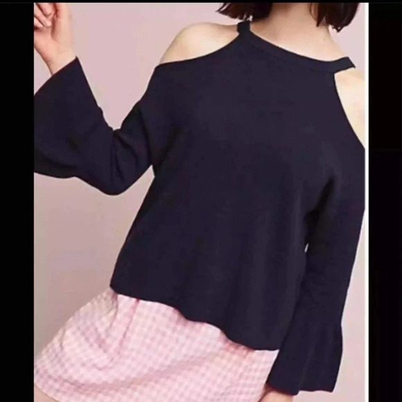 Anthropologie Knitted & Knotted Open Shoulder Bell Sleeve Cotton Sweater… - Picture 1 of 8